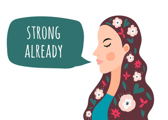 Vector illustration with strong woman with flowers . Concept of struggle for freedom and equality, feminism.