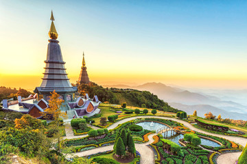 Landscape of two pagoda at the Inthanon mountain at sunset, Chiang Mai, Thailand.