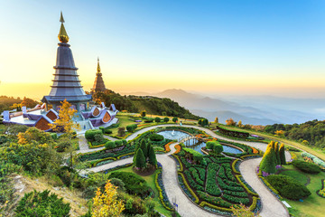 Landscape of two pagoda at the Inthanon mountain at sunset, Chiang Mai, Thailand. - obrazy, fototapety, plakaty