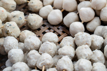 Boiled ball with sticks, Thai style food. Street fast food in Thailand, closeup