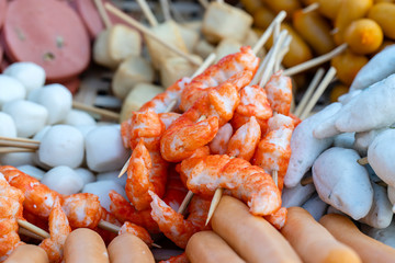 Fried food with sticks, Thai style food, Street food in Bangkok, Thailand