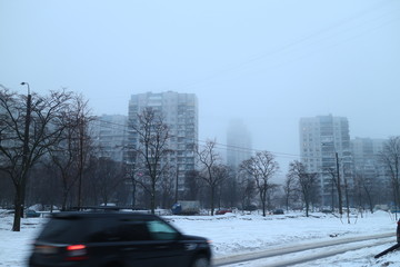 Misty winter morning in a city block