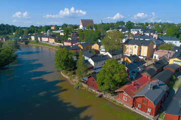 Sunny July day over the Porvoonjoki River (filming from a quadcopter). Old Porvoo, Finland