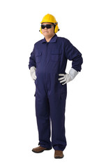 Full body portrait of a worker in Mechanic Jumpsuit isolated on white background