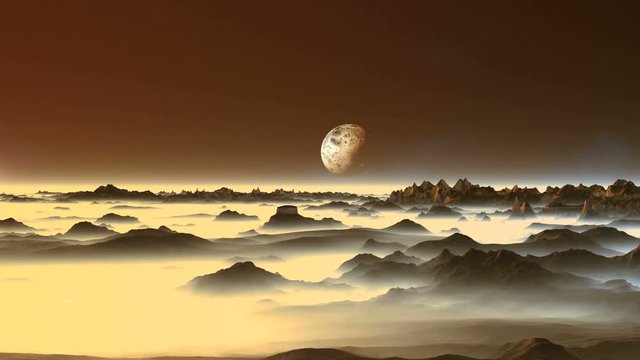 Alien Moon over the Misty Mountains. In the dark starry sky above the misty horizon a large planet. Between the mountains lies a thick white fog. The camera quickly flies over the mountains.