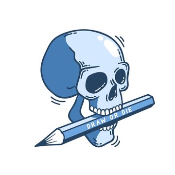 Skull with a pencil in his teeth