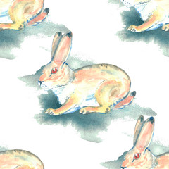 Obraz na płótnie Canvas Watercolor illustration. Seamless background in wild animals. Hand painted hares.
