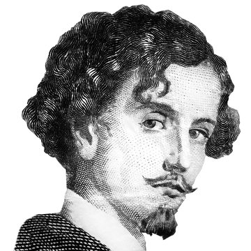 Famous Spanish writer Gustavo Adolfo Becquer portrait isolated on white background. Black and white image
