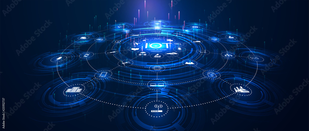 Poster landing page iot. internet of things devices and connectivity concepts on a network. spider web of n