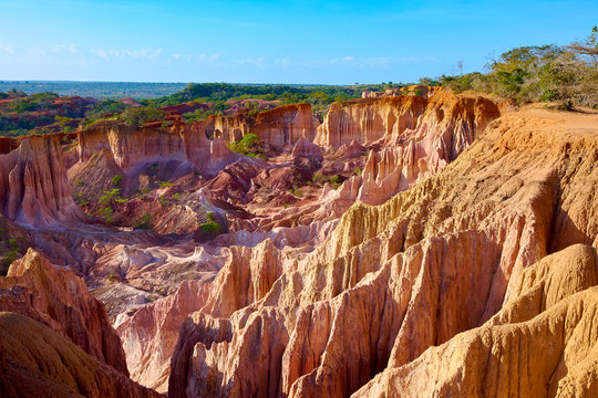 View of the Marafa Canyon in Kenya. Hells kitchens a gigantic canyon-shaped space caused by soil erosion