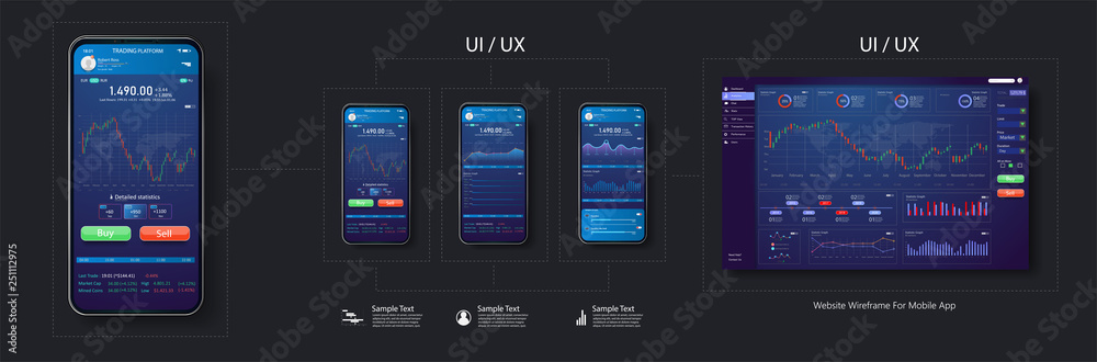 Poster a set of mobile applications with graphs, charts and data analysis and site layout. forex market. bi