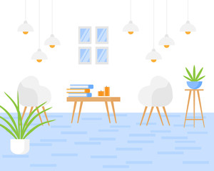 Modern design for house, flat launge room. Indoor decoration. Apartment hotel interior with cozy furniture table, armchair, plants