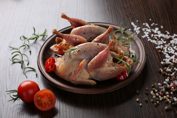 Raw quails ready for cooking on ceramic plate with spices