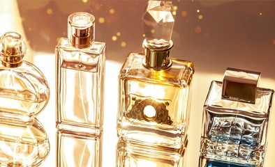 Aromatic Perfume bottles on background - obrazy, fototapety, plakaty