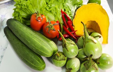 Set of vegetable for healthy on white table.