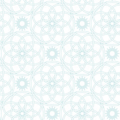 Geometric print in arabic style. Pale blue pattern on white seamless background