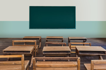 Antique classroom in school with Rows of empty wooden desks