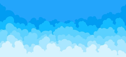 Cloud flat background. Cartoon blue sky pattern abstract cloudy frame cloudy summer poster scene. Vector clouds graphic wallpaper