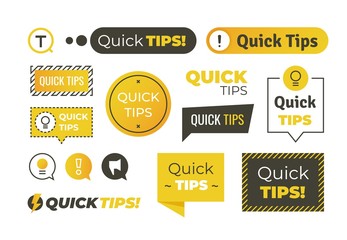 Quick tips shapes. Helpful tricks logos and banners, advices and suggestions emblems. Vector quick helpful tips set - obrazy, fototapety, plakaty