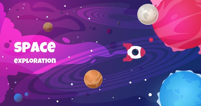 Space text background. Future galaxy shape science cartoon travel banner trip planet decoration. Vector copyspace cosmos flyer