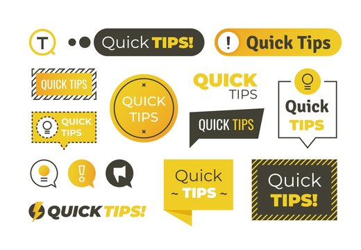 Quick tips shapes. Helpful tricks logos and banners, advices and suggestions emblems. Vector quick helpful tips set