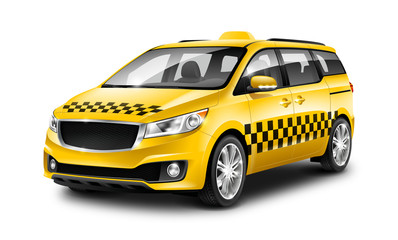 Yellow Taxi Generic Minivan Car On White Background. MUV, MPV Or High Roof Family Automobile. 