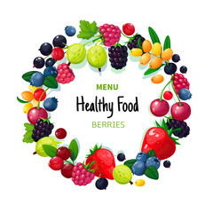 Fresh organic summer berries and fruits. Strawberry blueberry gooseberry blackberry raspberry. Healthy food vegan cafe vector menu