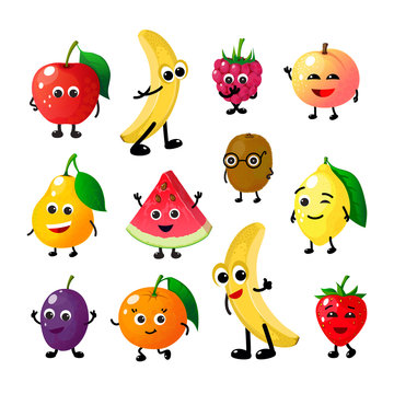 Cartoon funny fruits. Happy apple banana raspberry peach pear watermelon lemon strawberry faces. Summer fruit berry vector characters