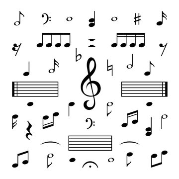 Music notes set. Musical note treble clef silhouette signs vector isolated melody symbols set
