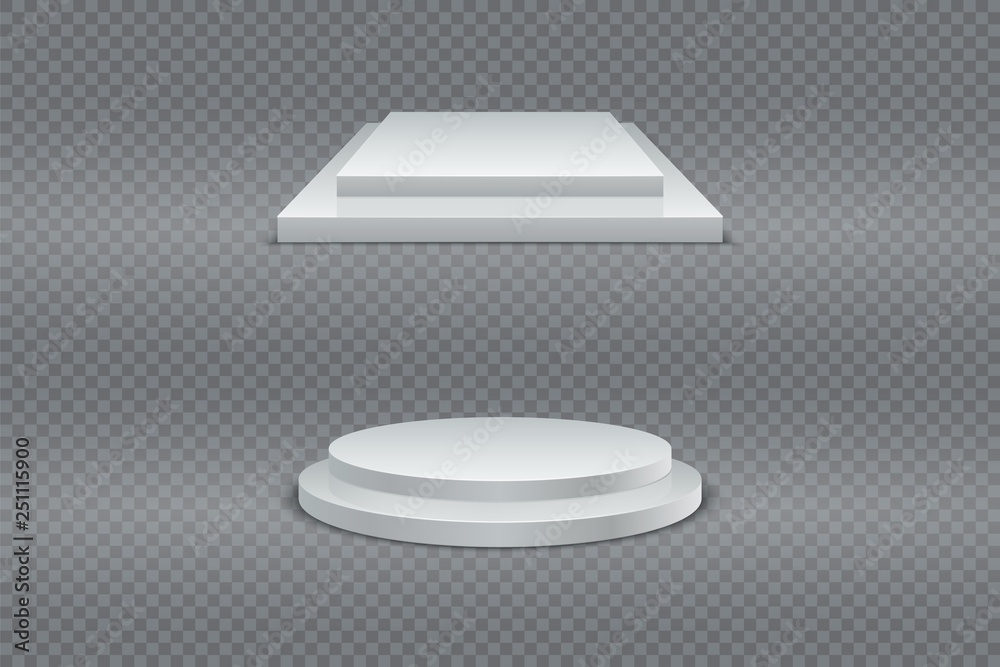 Poster winner podium set. round and square 3d two-stage podium, pedestal or platform on transparent backgro