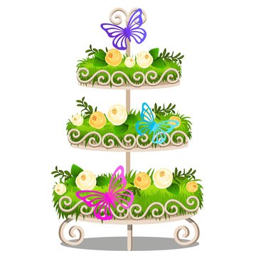 Elegant tiered shelf with decorated shelves, green grass, flowers, butterflies. Elements of vintage interior in the style of nature isolated on white background. Vector cartoon close-up illustration.