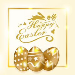 Happy Easter background with golden decorated eggs. Vector illustration greeting card