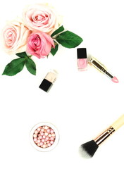 Obraz na płótnie Canvas Makeup cosmetic accessories products pearl make up powder and brush, lipstick, pink roses on white background. Flat lay. Top view. Copy space