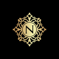 Classic vintage style logo icon golden. Royal hotel, restaurant, Premium boutique, Fashion logo. Letter N logo.