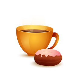 Cute cartoon cup with hot drink and bun.