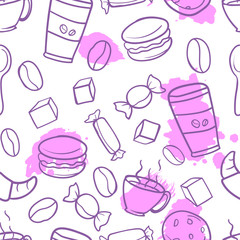 Seamless pattern doodle tea, coffee in white background.