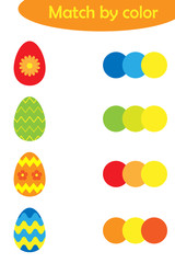 Matching game for children, connect colorful easter decoration eggs with same color palette, preschool worksheet activity for kids, task for the development of logical thinking, vector illustration
