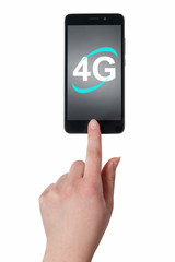 4G Mobile Internet - Man's Hand With Smartphone With 4G Sign on Display - Isolated on White