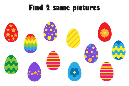Find two identical pictures, fun education game with easter eggs in cartoon style for children, preschool worksheet activity for kids, task for the development of logical thinking, vector illustration