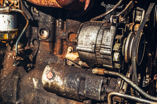 Tractor Dirty Engine Close Up