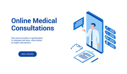 Isometric landing page template for medical consultation online. Vector illustration mock-up for website and mobile website