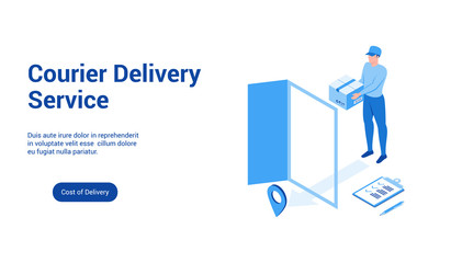 Isometric landing page template for courier delivery. Vector illustration mock-up for website and mobile website