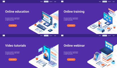 Isometric landing page templates for online education. Vector illustration mock-up for website and mobile website