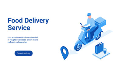 Isometric landing page template for food delivery. Vector illustration mock-up for website and mobile website