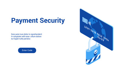 Isometric landing page template for payment security. Vector illustration mock-up for website and mobile website