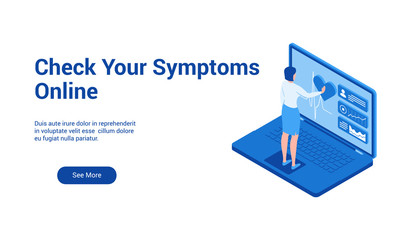 Isometric landing page template for checking symptoms online. Vector illustration mock-up for website and mobile website