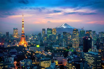 Foto auf Acrylglas Fuji Luftaufnahme des Stadtbildes von Tokio mit Fuji-Berg in Japan.