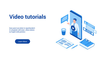 Isometric landing page template for video tutorials. Vector illustration mock-up for website and mobile website