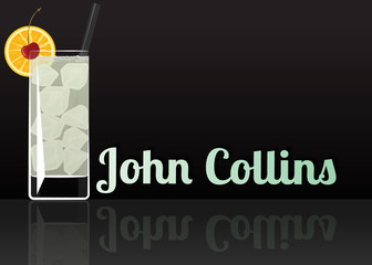Official cocktail icon, The Unforgettable John Collins cartoon illustration for bar or restoration  alcohol menu in elegant style on mirrored surface.