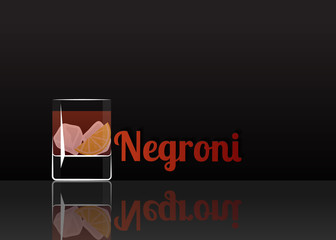 Official cocktail icon, The Unforgettable Negroni cartoon illustration for bar or restoration  alcohol menu in elegant style on mirrored surface.